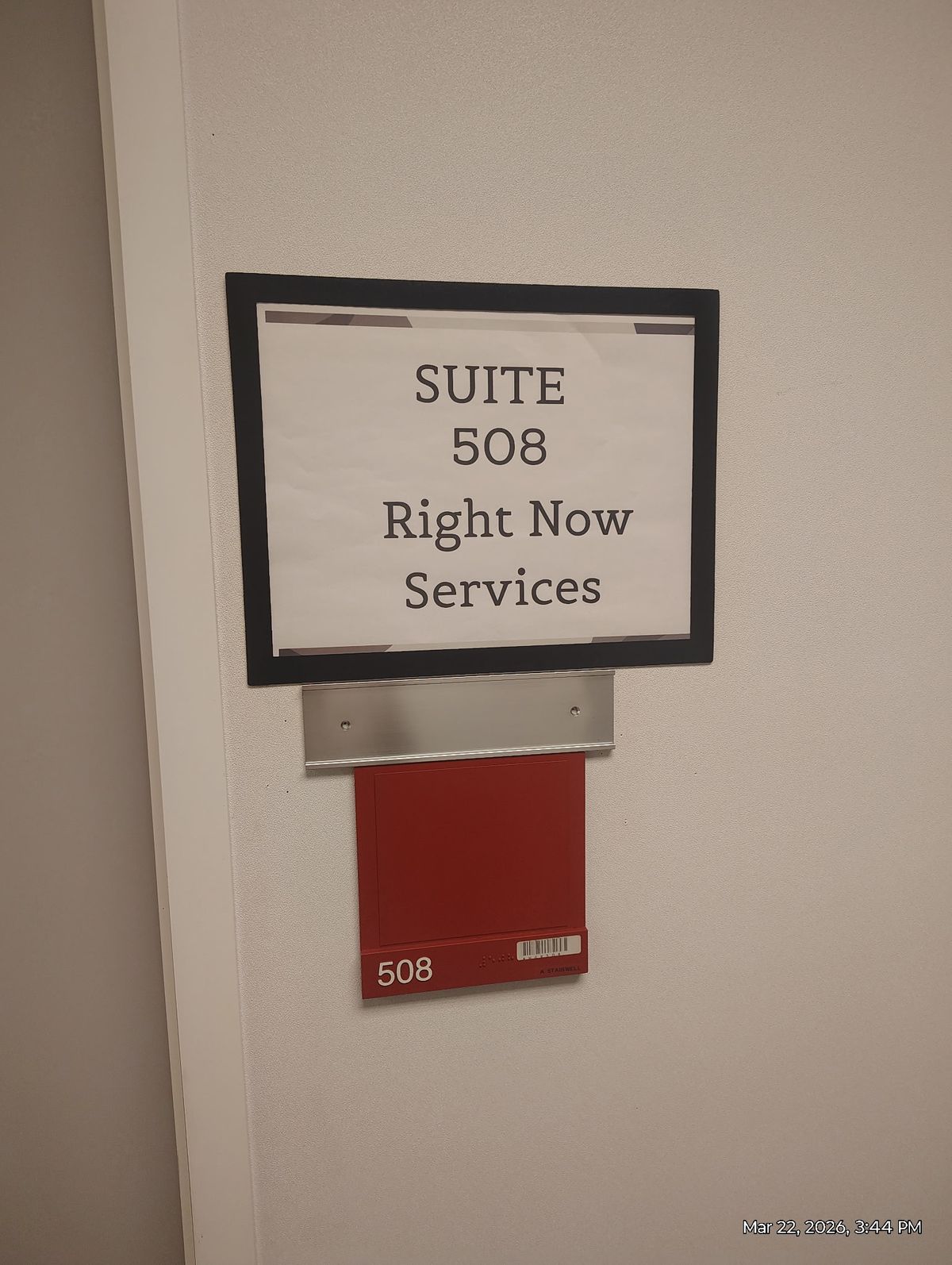 Right Now Services office sign — Suite 508